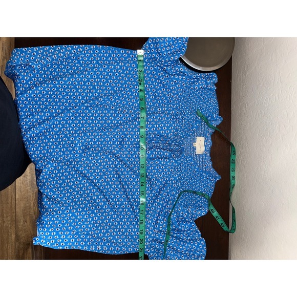 Melloday Blue Floral Smocked Neck Tie Sleeve Ruffle Blouse Top Women's Small - Picture 5 of 6